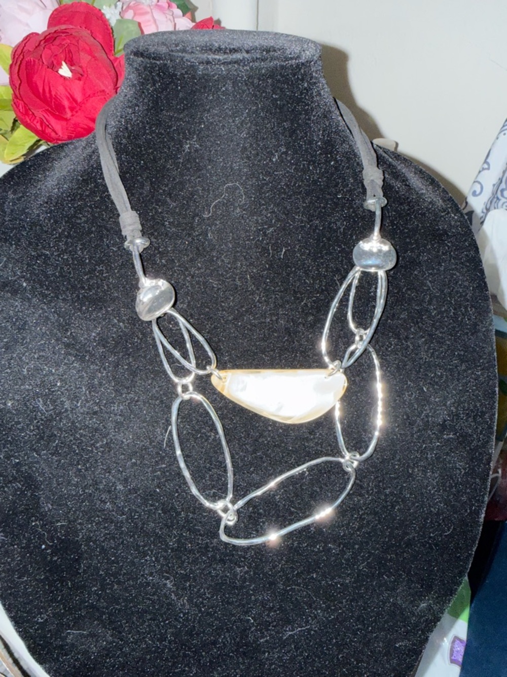 Silver Tone Statement Necklace with White Resin Accent - Women Jewelry